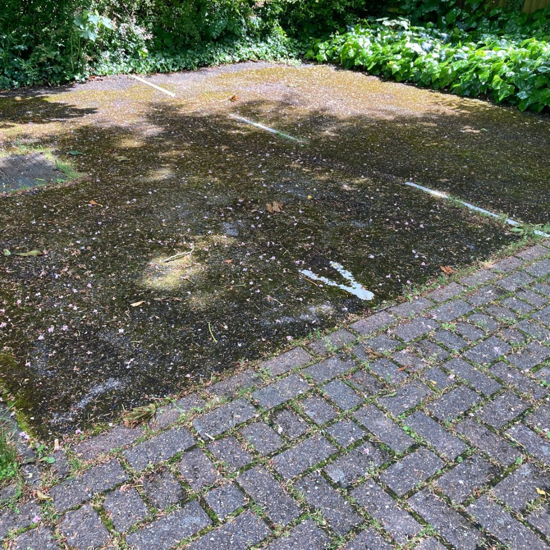 Moss-covered parking bays restored to clean tarmac – before
